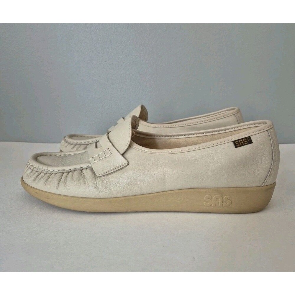 Sas Classic Comfort Beige Leather Hand Sewn Moccasin Toe Loafers Shoes 10 Narrow